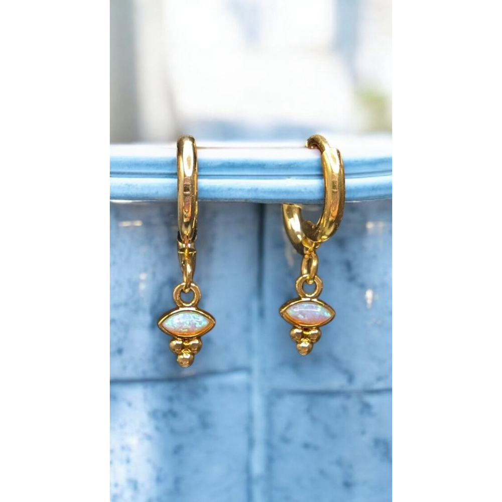 14k Gold Plated Tiny White Opal Huggie Earrings Gold Ion-Plated Stainless Steel